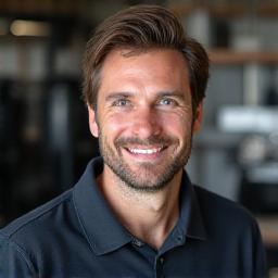 Professionelles Porträt von Maximilian Gruber, dem Gründer von Scheinwerk, in der Werkstatt.