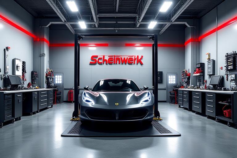 Saubere und moderne Werkstatt in Salzburg mit einem Sportwagen auf einer Hebebühne, Scheinwerk-Logo im Hintergrund.